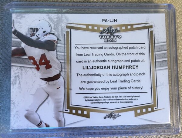 Lil’Jordan Humphrey 2019 Leaf Trinity RPA SP 13/25 Rookie Patch Auto *Nameplate* - Image 2