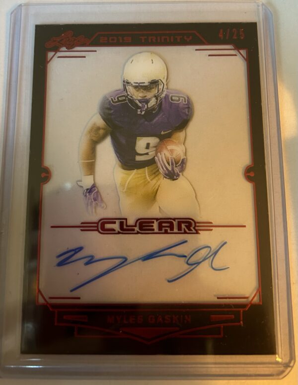 Myles Gaskin 2019 Leaf Trinity Clear Auto RC Rookie Card Red Parallel SP #4/25 CA-MG3